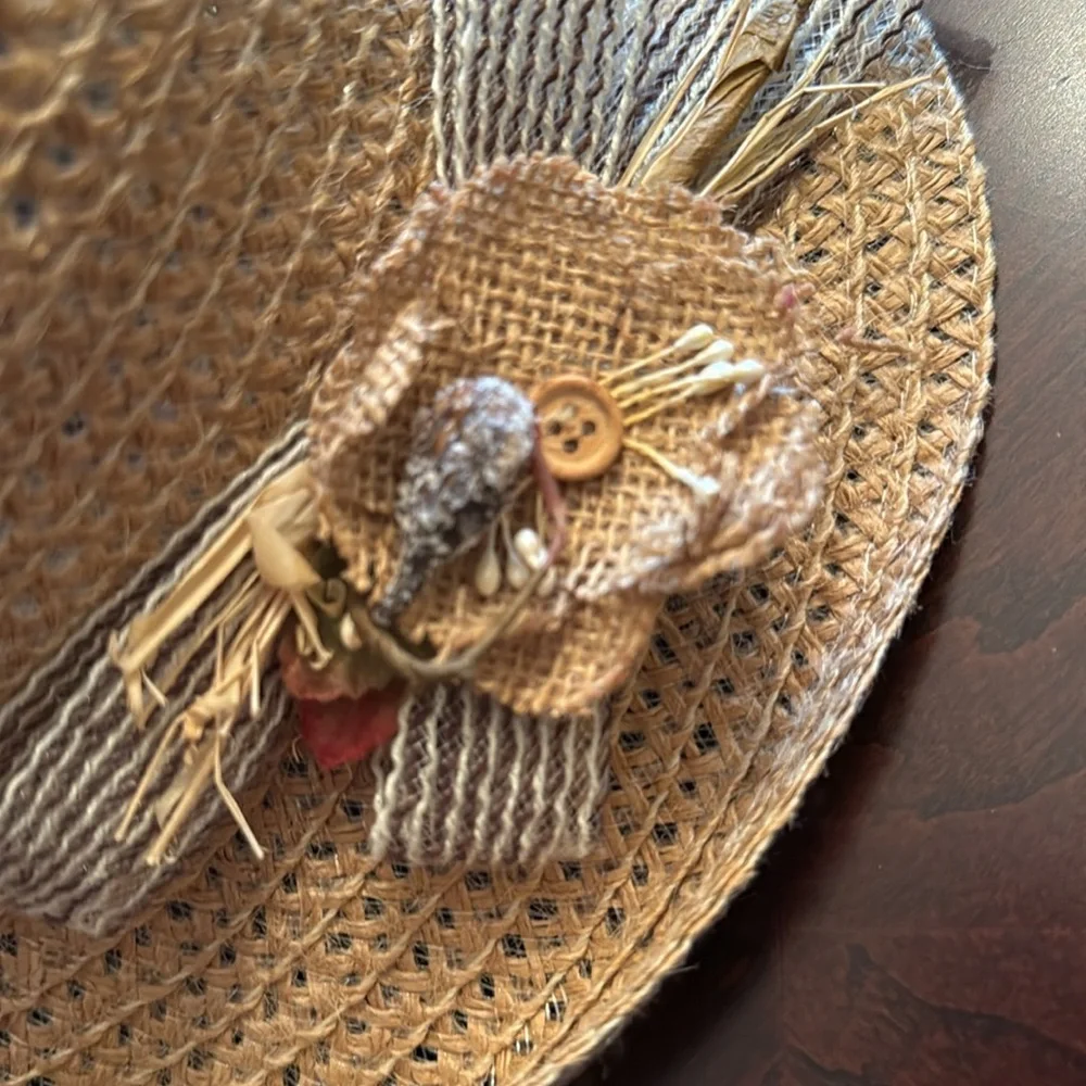 Summer Hat With Burlap/Ribbon Flower At The Side